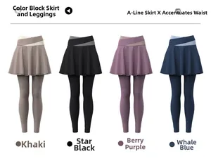 Flat lay view of four colors of high-elasticity seamless yoga leggings with skirts