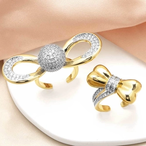 Copper Bowknot Zirconia Adjustable Open Ring Gold Plated Minimalist Elegant Pave Zirconia Finger Ring For Women Fashion Jewelry