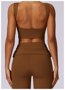 Rear view of brown shockproof yoga set featuring racerback sports bra and high-waist shorts
