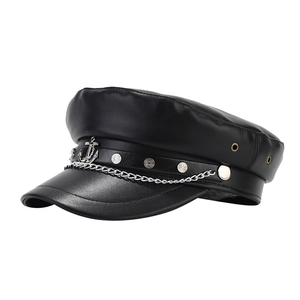 Classic black PU leather military cap with silver anchor badge and chain decoration