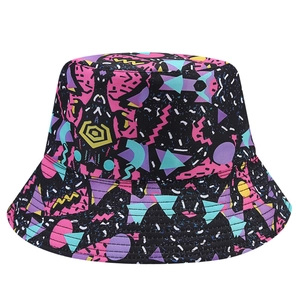 Reversible bucket hat with vintage colorful geometric prints and retro graffiti patterns