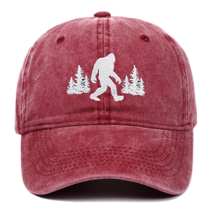 Vintage burgundy washed denim baseball cap featuring white Bigfoot silhouette embroidery