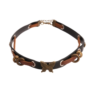 Vintage leather choker necklace with bronze butterfly pendant and adjustable strap