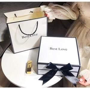 Minimalist white flip-top gift box and matching tote bag with Best Love text