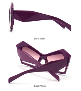 Detailed side and back view of oversized irregular geometric purple sunglasses