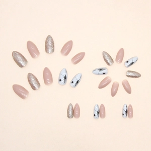 Almond press-on nails set with marble patterns, silver glitter and glossy pink finish