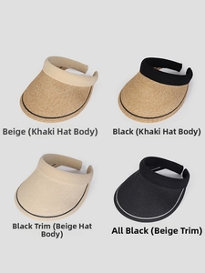 Detail showing various straw sun visors in beige, black and khaki woven textures