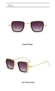 Detailed views of vintage square gold metal sunglasses with purple gradient lenses