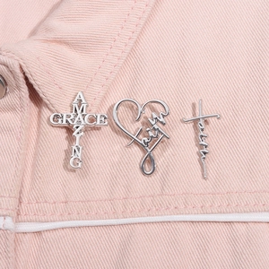Faith Cross Heart Brooch Alloy Silver Pin For Suit Jacket Minimalist Religious Inspirational Jewelry Unisex Accessory