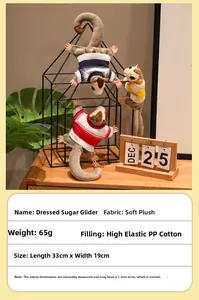 Detailed size and material chart for sugar glider plush with soft fabric and PP cotton specs
