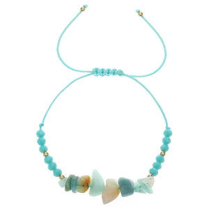 Handmade woven bracelet with light blue Amazonite stones and golden metal beads