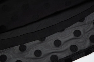 Close-up of black polka dot mesh fabric with velvet texture and opaque lining material