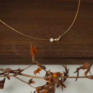 Vue détaillée du pendentif dauphin baleine dorée avec perle sur collier en acier titane