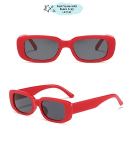Front and 45-degree angle view of vintage red rectangle sunglasses with dark gray lenses