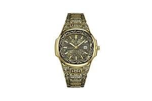 Macro detail of gold watch dial and band featuring intricate vine engraving and Arabic script