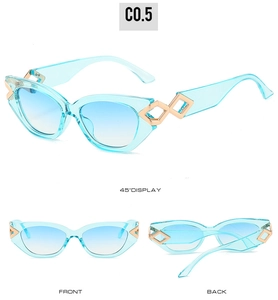 Drei-Ansichten-Display der hellblauen Cat-Eye-Sonnenbrille mit goldenen Metalldetails