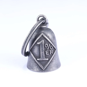 Vintage stainless steel motorcycle bell pendant with 1% ER engraving on white background