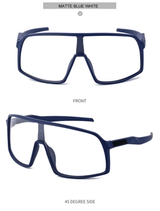 Front and side views of matte blue wrap-around cycling sunglasses with a large frame