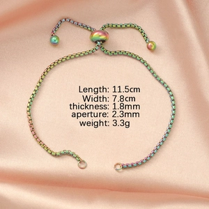 Close-up of rainbow metal bolo bracelet slider with precise dimensions and weight specs