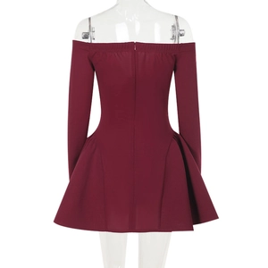 Rear view of burgundy off-shoulder mini dress featuring hidden zipper and A-line silhouette