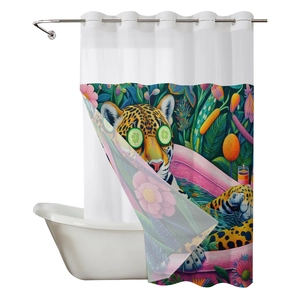 Waterproof leopard bathing in bathtub pattern shower curtain with reinforced metal grommets