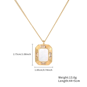 Elegant gold necklace with rectangular white shell pendant and sparkling crystal accents