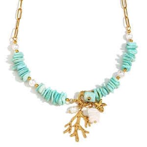 18K gold plated stainless steel necklace with sea coral, starfish and pearl pendants