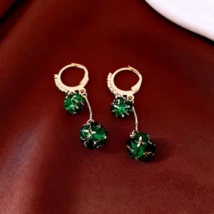 Green Rhinestone Drop Earrings For Women Elegant Copper Golden Spherical Faceted Tassel Dangle Vintage Jewelry