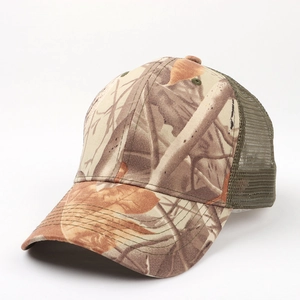 Detail of outdoor camouflage baseball cap showing forest print and breathable green mesh