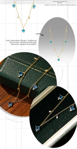 Macro detail of gold necklace with square blue zircon pendants on a green jewelry box