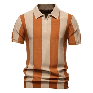 Detail of knitted men's polo shirt featuring orange and beige stripes and a half-zipper collar