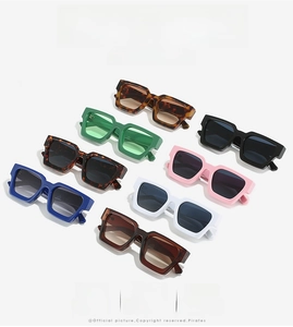 Macro shot showing multi-color square frame retro sunglasses array with premium texture