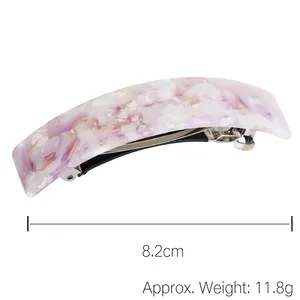 Pink marbled acetate hair clip with silver spring metal fastener, length 8.2cm, weight 11.8g