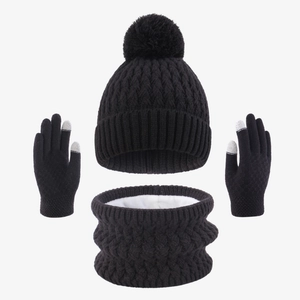 Close-up of black knit winter set showing fleece lining and touch screen glove tips