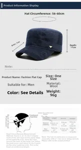 Size chart for men's winter flat top hat showing brim 7cm and circumference 56-60cm