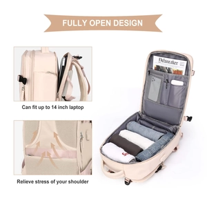 Pink travel backpack with fully open design, 14 inch laptop compartment and ergonomic straps