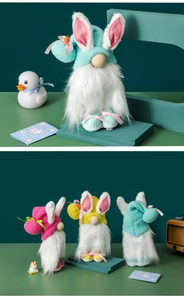 Vues avant et arrière de nains de Pâques avec oreilles de lapin en turquoise, rose et jaune