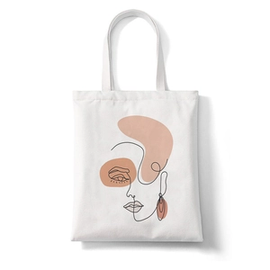 Minimalist face line art canvas tote bag with abstract pink and orange color shapes