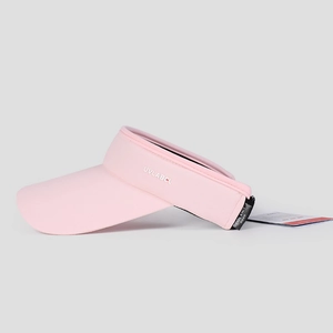 Vista laterale di una visiera rosa confetto da donna con ricamo del marchio UVLABEL
