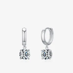 Moissanite Round Brilliant Cut Dangle Hoop Earrings 925 Sterling Silver For Women Elegant Sparkly Jewelry