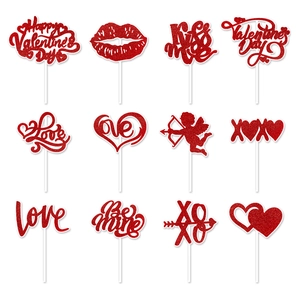 Set of 12 red glitter Valentine's Day cupcake toppers with various romantic art fonts
