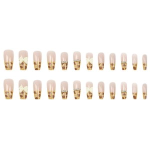 Faux ongles cercueil longs avec motif léopard, nœud 3D et strass argentés, 24 pièces