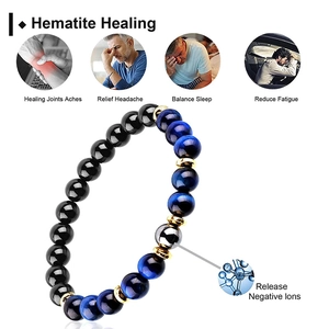 Bracelet pour hommes en œil de tigre bleu et hématite avec triple protection naturelle