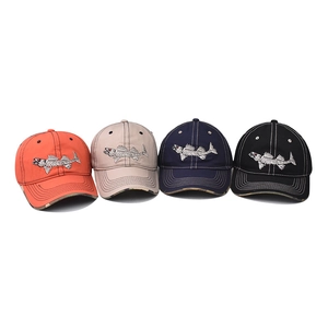 Set of four cotton baseball caps with fish bone embroidery in orange, beige, navy and black