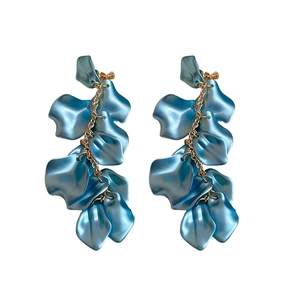 Elegant French style blue rose petal tassel earrings with gold dangling chain detail