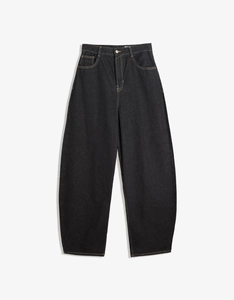 Detailed view of high-waist wide-leg jeans with contrast stitching and deep indigo denim