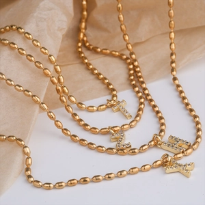 Gold stainless steel ball chain necklaces with sparkling zircon initial pendants