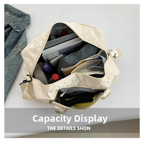 Interior view of large white travel bag showing organized storage compartments for essentials