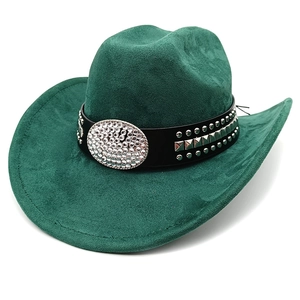 Western Cowboy Hat Faux Suede Rhinestone Oval Buckle Rivet Leather Band Vintage Wide Brim Outdoor Fashion For Men Women