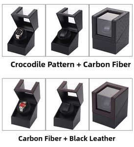 Detail view of automatic watch winder boxes in crocodile leather and carbon fiber textures